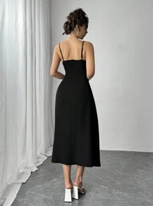 Firerie Women's Spaghetti Strap Floral Decor Split Hem Casual Black Elegant Dress