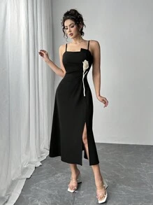 Firerie Women's Spaghetti Strap Floral Decor Split Hem Casual Black Elegant Dress