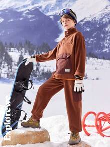 SHEIN 2pcs Tween Boy Winter Casual Outdoor Hoodie And Sweatpants Set - Coffee Brown - View 1