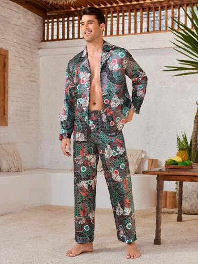 Manfinity ChillVibe Men's Retro Print Long Sleeve And Pants Pajama Set