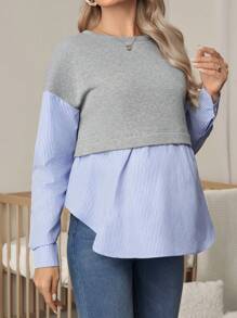 SHEIN Áo nỉ chui đầu kẻ sọc vá giản dị cho phụ nữ mang thai, mùa thu - Nhiều màu - Xem 5