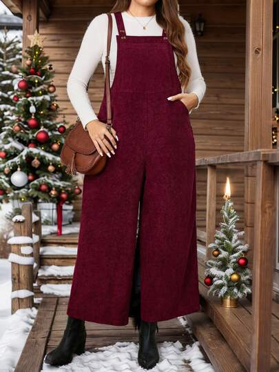 SHEIN LUNE Plus Size Wide Strap Button Pocket Minimalist Jumpsuit, Casual Daily Wear