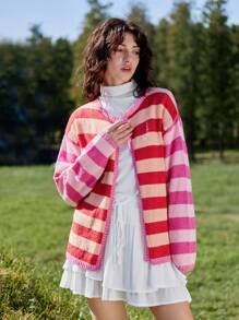Skyraze Women's Red & Pink Striped Cardigan,Geometric Pattern - Hot Pink - View 1