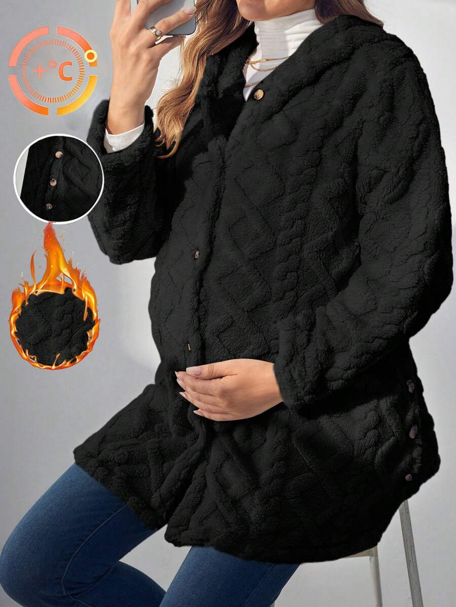 SHEIN Maternity Button Front Hooded Fleece Jacket, Solid Color, Suitable For Autumn And Winter