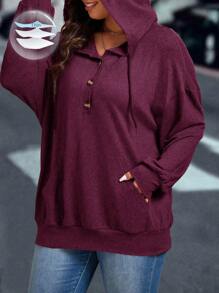 SHEIN LUNE Plus Size Women's Solid Color Dropped Shoulder Long Sleeve Casual Hoodie, Spring Summer Pullover Fall Outfit