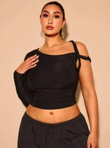 SHEIN BAE Große Größen asymmetrisches schwarzes V-Ausschnitt T-Shirt, geeignet für Valentinstag, Sommer, Geburtstag, formelle Party, sexy Kurvensilhouette - Schwarz - Übersicht 6