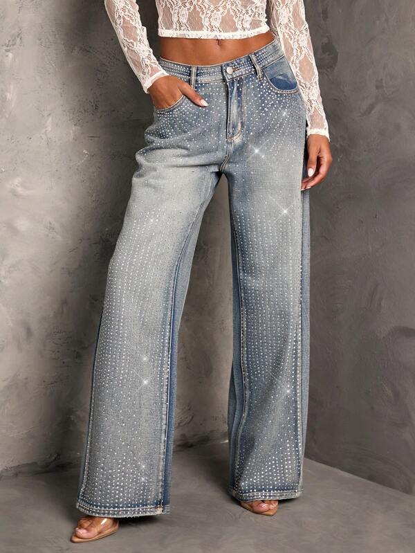 SHEIN BAE Women's Rhinestone Embellished Straight Leg Blue Jeans, Sexy Party Pants, New Years Eve , Holiday Party Pants, Christmas