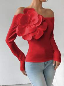 Calvaya Vrouwen Off Shoulder Effen Kleur 3D Bloemen Lange Mouw Slim Fit Elegant T-shirt Voor Nieuwjaarskleding