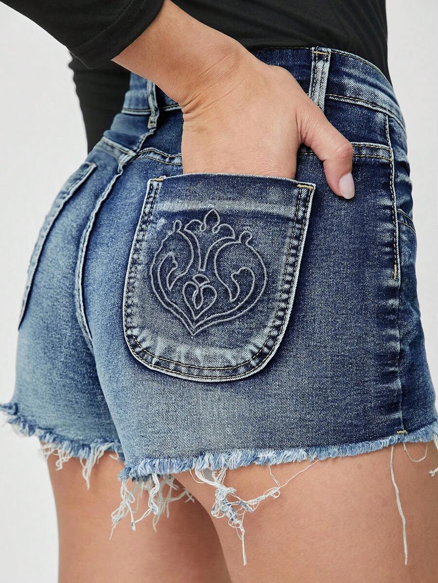 SHEIN EZwear Heart Embroidery Raw Hem Denim Shorts - Medium Wash - View 1