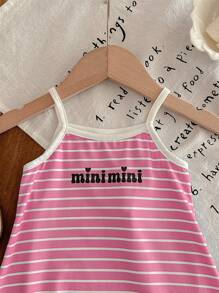 SHEIN LMoss Kids Baby Girl LMoss Summer Cute Knitted Elastic Striped Color Block Cami Dress - Pink - View 4