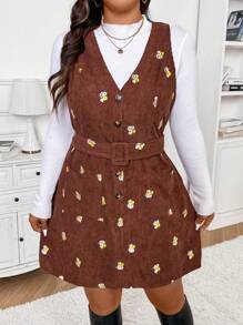 SHEIN Frenchy Autumn/Winter Corduroy Embroidered Pinafore Dress Plus Size, Detachable & Adjustable Waistband, Collegiate Style - Coffee Brown - View 5