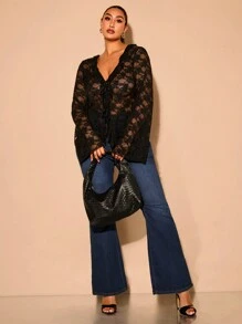 SHEIN BAE Plus Size Lace Tie Bowknot Blouse For Women, Elegant Summer Ladies Holiday Party Outfit, Long Sleeve Sexy Ruffled Open Front Design Valentine's Day