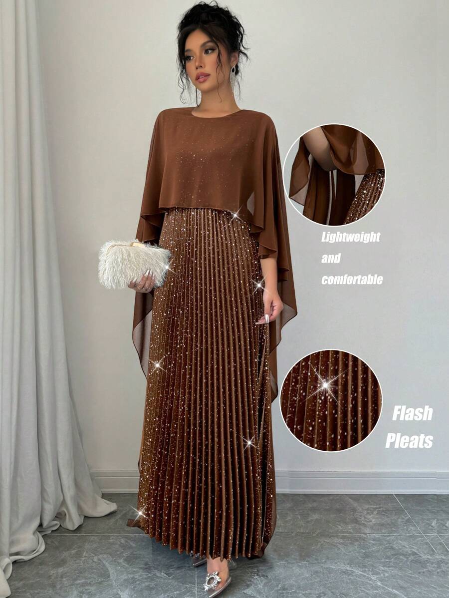 Elenzga 女士奢华银箔褶皱长款礼服