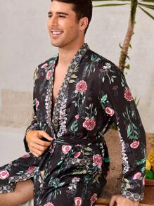 Manfinity Underwear&Sleepwear Basics Floral Print Men's Casual Long Sleeve Robe, Everyday Loungewear - Dusty Pink - View 6
