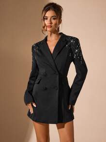 SHEIN BAE Women's Solid Color Fitted Rhinestone Embellished Blazer Dress