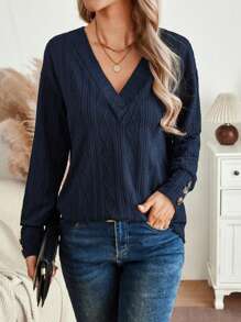 SHEIN LUNE Áo thun dài tay cổ chữ V trơn màu đơn sắc dành cho nữ - Màu xanh hải quân - Xem 3