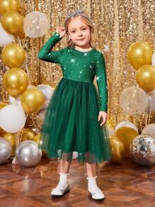 SHEIN Váy lưới xếp li in sequin thanh lịch cho bé gái và bé gái mới biết đi, phù hợp để mặc hàng ngày và dự tiệc - màu xanh lá - Xem 6