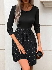 Chiquease 休闲蝴蝶印花拼布连衣裙，秋季 - 黑色 - 查看 4