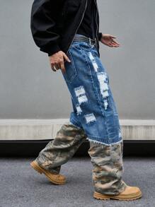 Manfinity EMRG Men's Camouflage Print Ripped Pocket Casual Versatile Denim Jeans