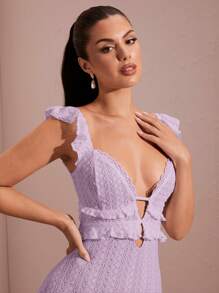 SHEIN BAE Zomerse witte sexy holle haak textuur ruches kapmouw rugloze strikband maxi bodycon fishtail jurk, elegante
