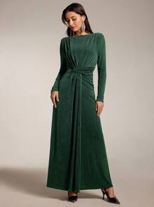 Modelyn Women Solid Color Long Sleeve Simple Casual Dress With Sash Long Evening Dresses - Green - View 1