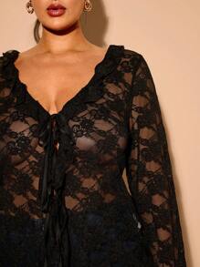 SHEIN BAE Plus Size Lace Tie Bowknot Blouse For Women, Elegant Summer Ladies Holiday Party Outfit, Long Sleeve Sexy Ruffled Open Front Design Valentine's Day