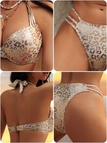 Swim DD+ Conjunto de bikini sexy de mujer con estampado de leopardo, sujetador con lazos en el cuello, para verano