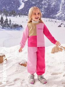 SHEIN 2pcs Young Girl Crew Neck Patchwork Contrast Color Sweatshirt And Pants Set - Hot Pink - View 7