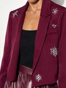 Maija Women's Wine Red Rhinestone Studded Decor Blazer Jacket, Loose Fit, Angular Collar, Long Sleeve, Modern Urban Versatile Design, Angora Wool, Suitable For Autumn & Winter