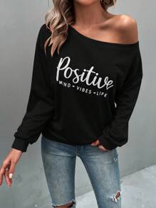 EMERY ROSE Letter Graphic Drop Shoulder Sweatshirt,Long Sleeve Tops Graduation,Back To School Outfits,Graduation,Teacher Outfits For Women,Back To School Pullover Fall Outfit - Black - View 4