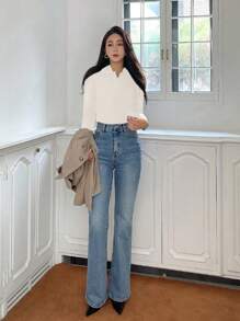 DAZY Pull col polo à demi-zip, manches courtes pour femmes, automne - Blanc - Voir 3