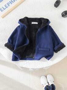 SHEIN 男婴休闲学院风保暖连帽夹克，适合秋冬季外出，幼儿园男孩和女孩 - 藏蓝色 - 查看 6