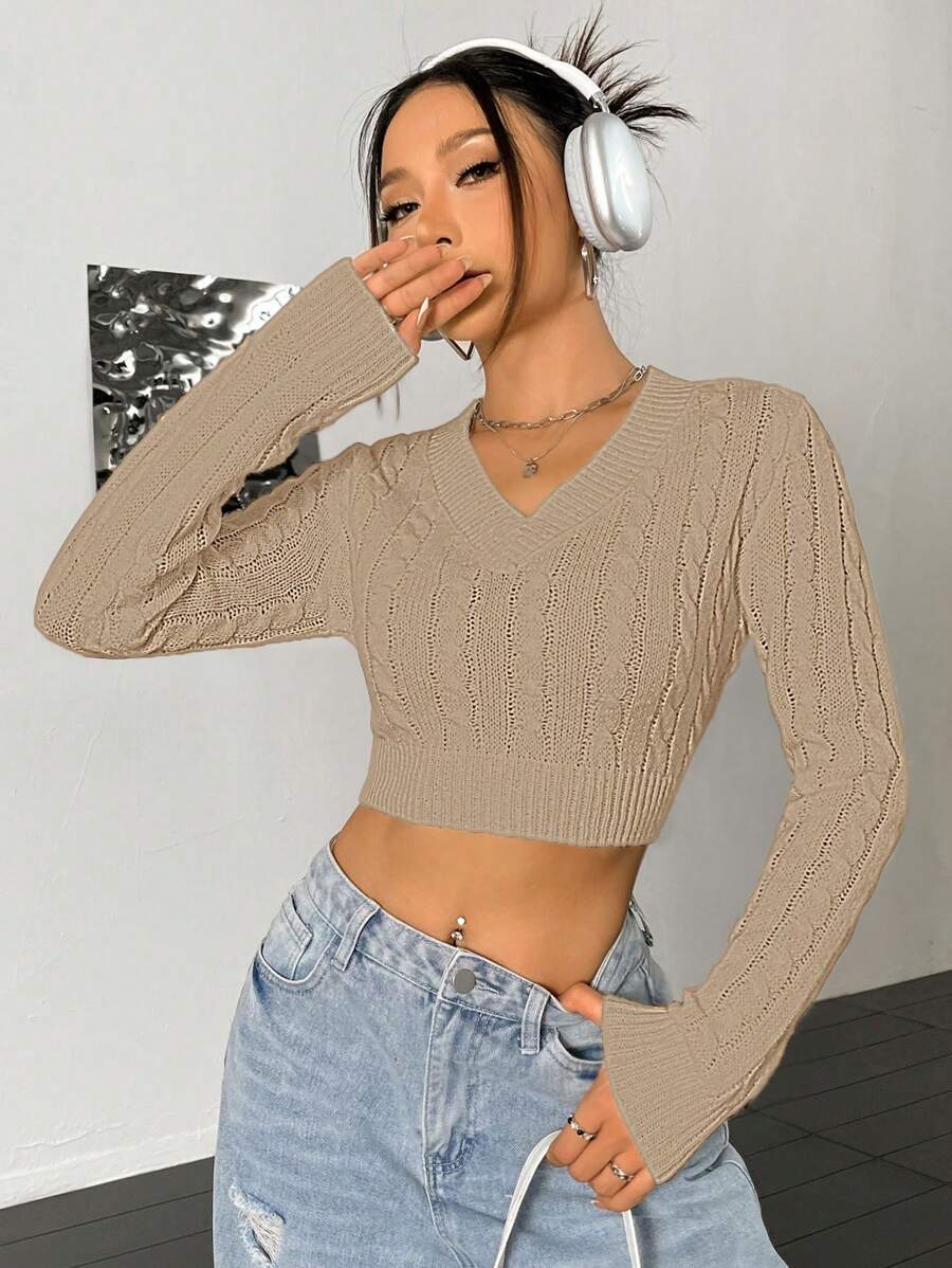 Flirla 女士纯色V领扭结针织休闲百搭长袖套头毛衣,秋冬款 - 杏色 - 查看 1