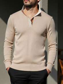 Manfinity Homme 大码男士休闲撞色 Polo 衫，秋季 - 卡其色 - 查看 1