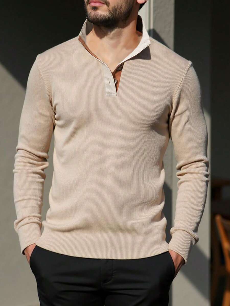 Manfinity Homme 大码男士休闲撞色 Polo 衫,秋季 - 卡其色 - 查看 1