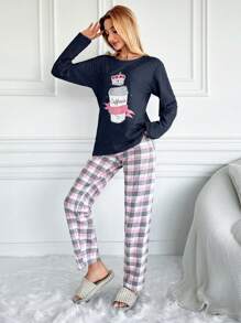 RueChic Cotton Cartoon Printed Long Sleeve Pajama Set - Navy Blue - View 3