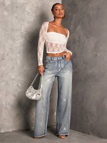 SHEIN BAE 女式水钻装饰直筒蓝色牛仔裤，性感派对裤，新年夜、节日派对裤，圣诞节 - 深色水洗藍 - 查看 6