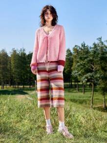 Skyraze Women Solid Color Lace-Up Front Long Sleeve Casual Cardigan,Solid Raglan Sleeve Ribbed Knit Cardigan,Ladies Spring/Fall Casual Long Sleeve Regular Fit Hot Pink Raglan Sleeve Pullovers Women Cardigan