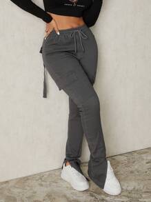 SHEIN SXY Women's Casual Cargo Jeans With Pockets, Ankle Slits, Elastic Waistband, Slim Fit, All Season - Grey - View 1