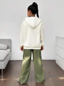 SHEIN Leap Crew Tween Girl 字母图案羊毛连帽衫，带口袋和罗纹裤 2 件套，休闲学院风，时尚，适合秋冬季