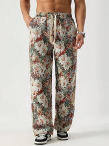 Manfinity Homme 男士休闲花卉提花抽绳腰裤，秋季 - 彩色 - 查看 3