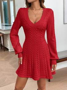 SHEIN LUNE Valentine's Day Sweater Women Dress Red Sweater Dress Women's Casual Solid Color Waist-Cinched Sweater Dress For Autumn/Winter