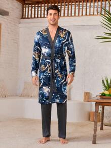 Men's Butterfly Printed Robe & Pants Loungewear Set