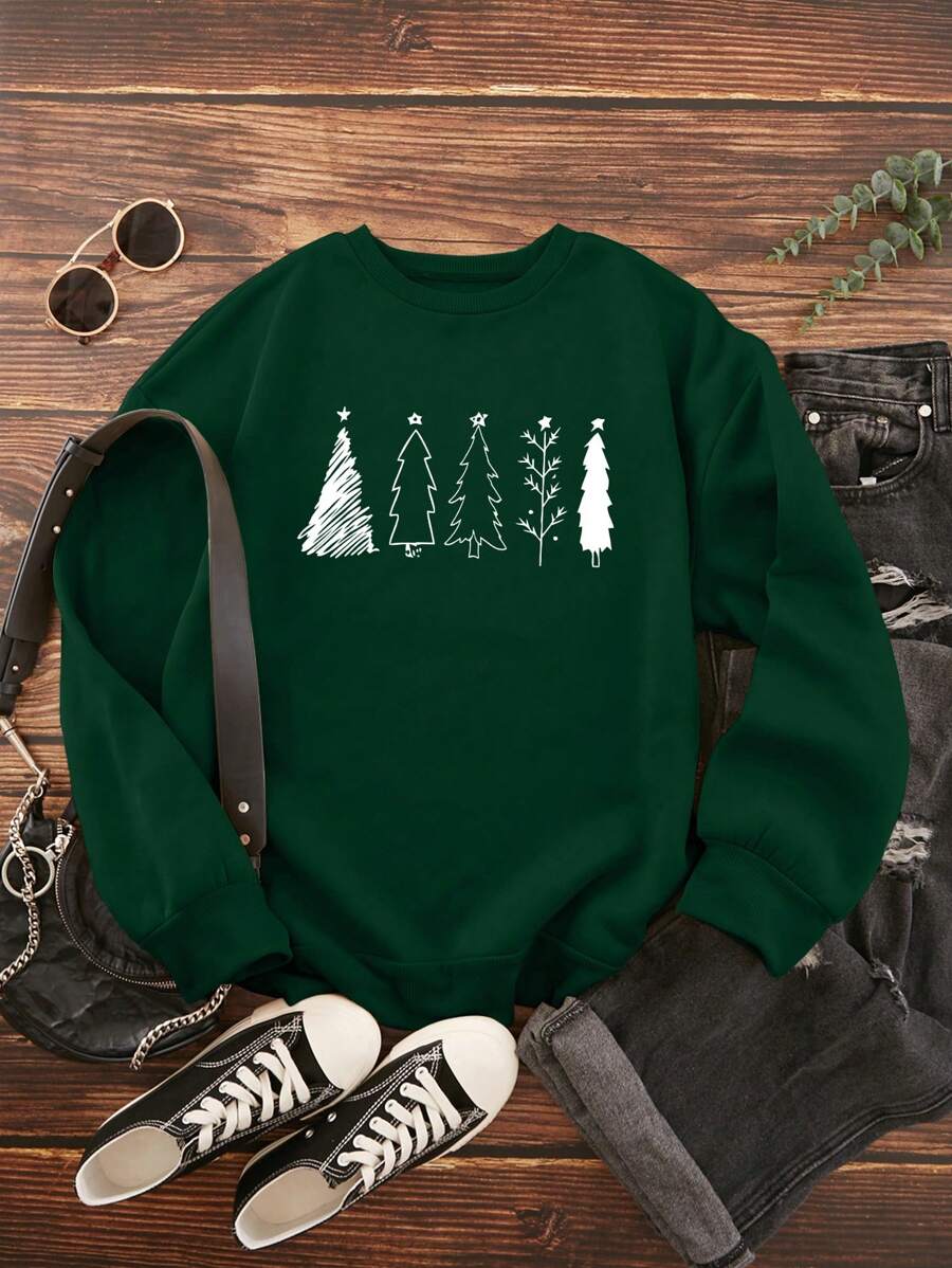 INAWLY Christmas Tree Print Thermal Lined Sweatshirt Pullover Fall Outfit
