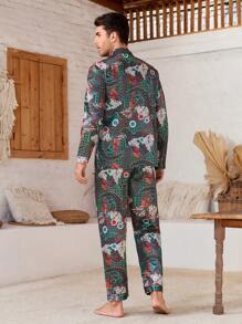 Manfinity ChillVibe 2pcs Men's Front Button Closure Allover Print Minimalist Long Sleeve Top And Pants Pajama Set - Multicolor - View 2