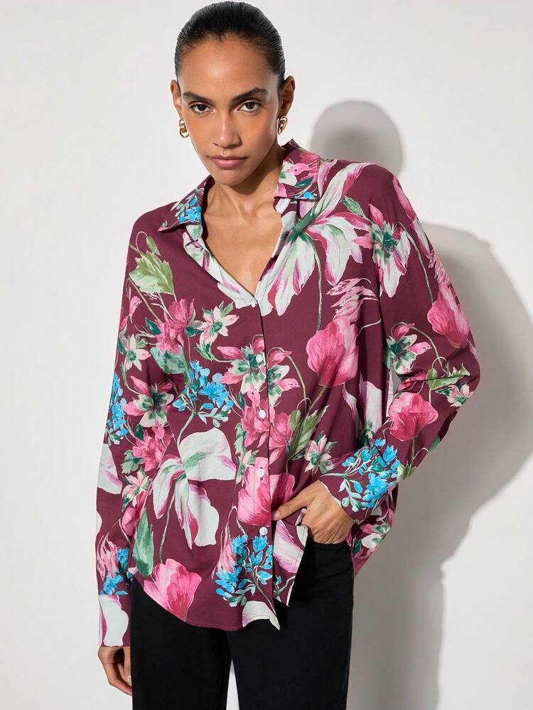 SHEIN Maija Women's Floral Satin Twill Print Front Button Long Sleeve Elegant Fashionable Blouse, Autumn/Winter Season