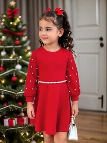 SHEIN Modisches Partykleid und Streetwear für Kleine Mädchen, einfarbig, Rundhalskragen, Langarm, mit Perlen verziert, Strickkleid