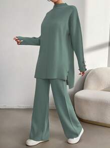 EURMUSE 2pcs/Set Women Plain Stand Collar Long Sleeve Top & Full Length Pants - Mint Green - View 6