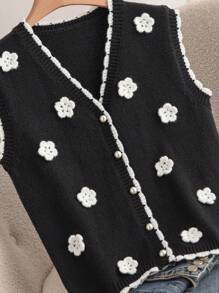 SHEIN Frenchy Casual 3D Floral Pattern Black & White Knitted Cardigan, Plus Size, Suitable For Autumn & Winter