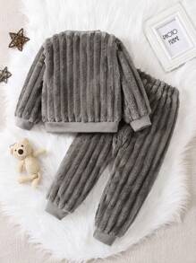 2pcs Young Boys Cute Whale Embroidery Grey Striped Thermal Long Sleeve Pajama Set, Comfortable And Warm
